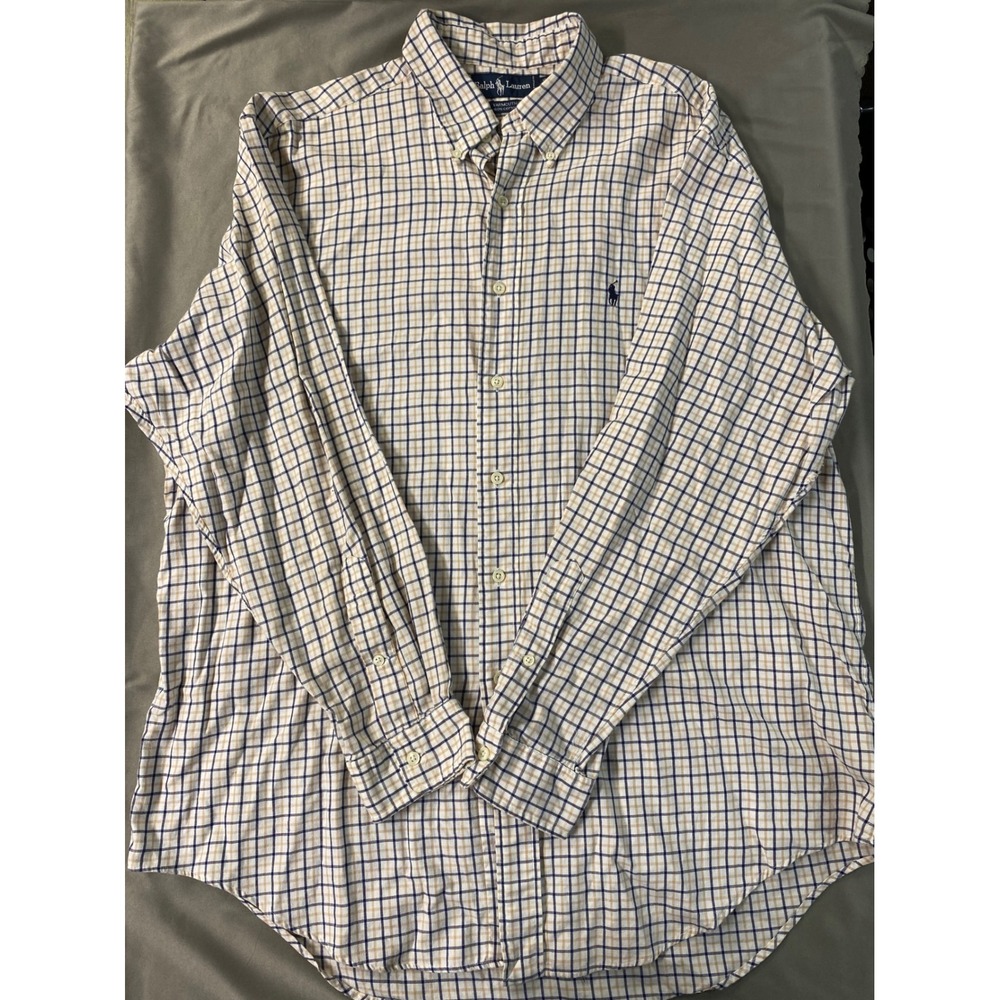 Ralph Lauren Yarmouth Mens 17-35 Plaid Tan Navy Long Sleeve Button Down Shirt XL
